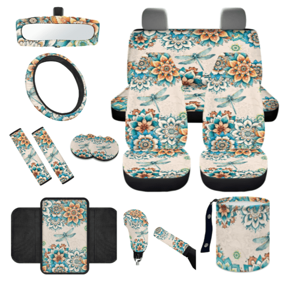 HUIACONG 14 Pack Mandala Dragonfly Floral Car Interior Accessory Kit, Comfortable Practical Car Seat Cover Set, Suitable for SUVs Auto Commercial Vehicles