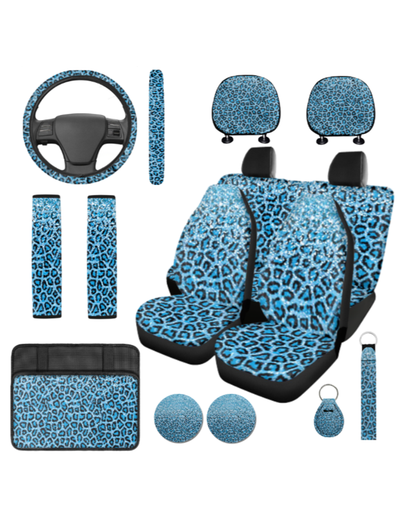14 Pcs Blue Leopard Print Car Seat Cover Set, Wear Resistant Durable Car Accessories Full Set, Suitable for Vans Trucks Sedans