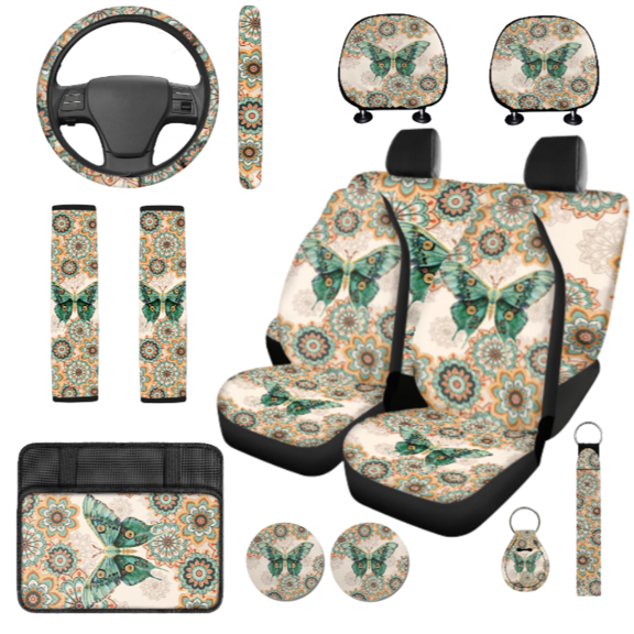 HUIACONG 14 Pcs Butterfly Mandala Print Car Interior Set, Premium Durable Smooth Surface Automotive Interior Accessories, Suitable for Trucks Cars Sedan