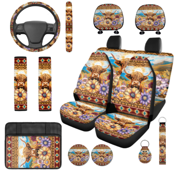 HUIACONG 14 Pcs Highland Cattle Automotive Interior Accessories, Anti Slip Durable Car Interior Accessory Kit, Suitable for Vans Truck Vehicles