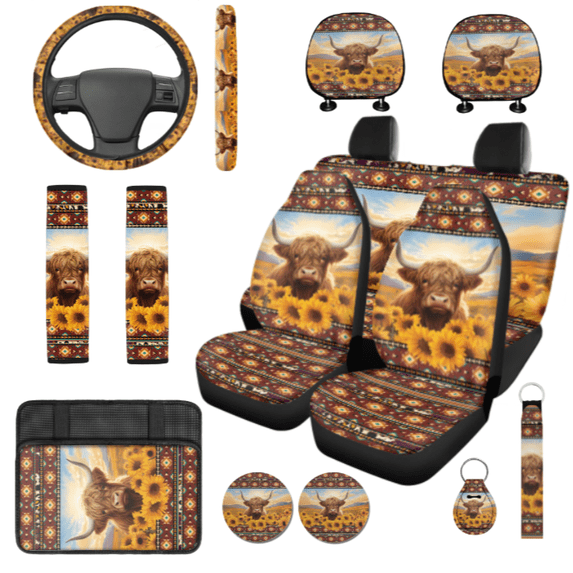 HUIACONG 14 Pcs Highland Cow in Sunflower Field Print Car Interior Accessory, Skin Friendly Durable Car Interior Accessory Kit, Suitable for Vans Cars Sedan