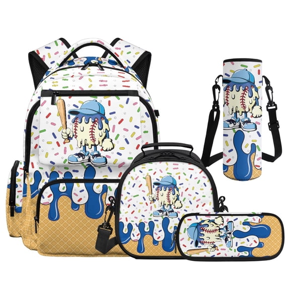 HUIACONG 17" Baseball Drip Universal Kids Backpack 4PCS Set, School Bookbag with Lunch Bag for Boys Girls Age 8-12
