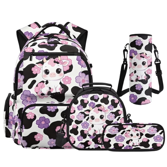 HUIACONG 17" Floral Cow Girls School Backpack 4PCS Set, Aesthetic Bookbag with Insulated Lunch Box for Kids Age 8-14