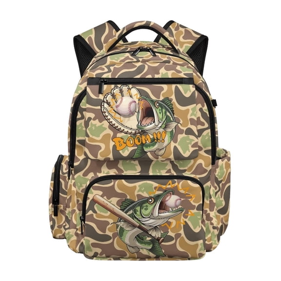 HUIACONG 17 Inch Fish Baseball Camo Backpack for Students 12-18, Durable School Bookbag for Middle High School Teens Sports