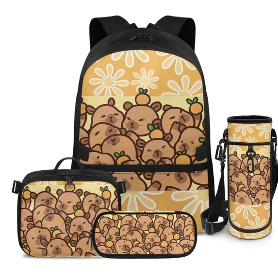 HUIACONG 17 Inch Orange Capybara School Backpack 4-IN-1 Set for Boys Girls Age 6-12 Lightweight Backpack Detachable Lunch Box Pencil Case Water Bottle Holder