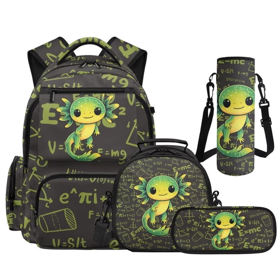 HUIACONG 17" Math Green Axolotl 4PCS Kids Backpack Set, School Bookbag with Insulated Lunch Bag for Boys Girls Age 7-13