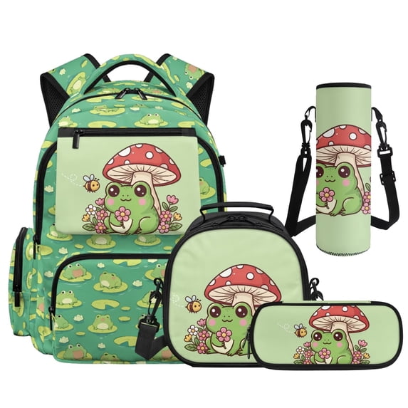 HUIACONG 17" Mushroom Frog Children Backpack 4PCS Set, School Bag with Lunch Box Water Bottle Sleeve for Age 7-12