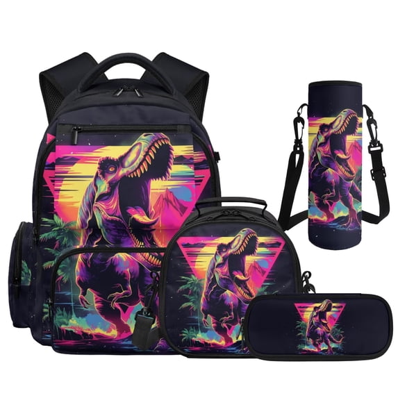 HUIACONG 17" Neon T-Rex Boys Backpack 4PCS Set, School Bookbag with Insulated Lunch Box Pencil Bag Water Bottle Holder, Durable Travel Bag for Age 8-14