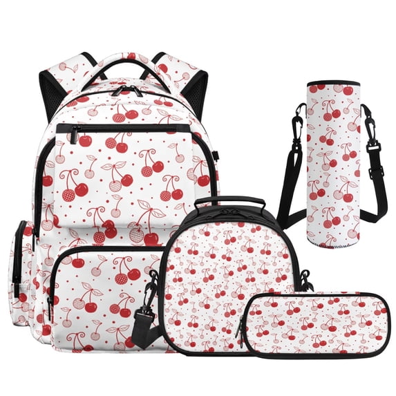 HUIACONG 17" Red Cherry Girls Backpack with Lunch Box, 4PCS Waterproof School Bag Set for Age 7-13