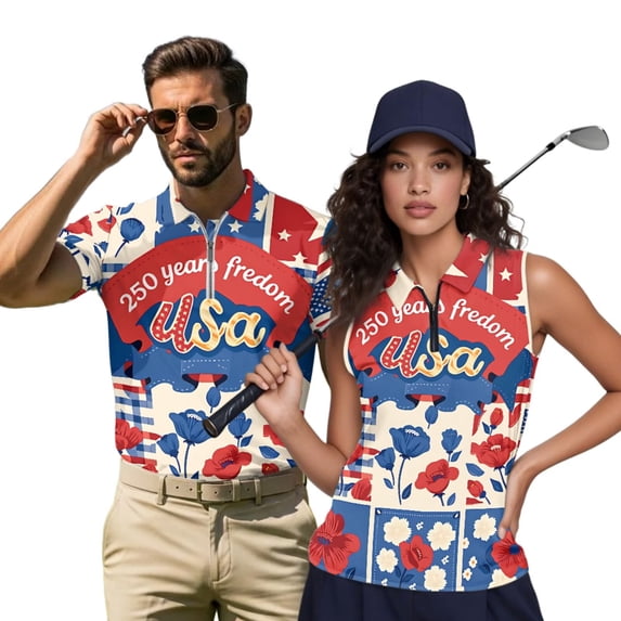 HUIACONG 250 Years of Freedom Shirt Matching Couple Golf Shirts for Men Short Sleeve Tank Top Women Sleeveless Quick Dry Moisture Wicking His and Hers Matching Outfits Man L