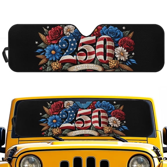 HUIACONG 250th Flowers Windshield Shade for 2018-2024 2025 Jeep Wrangler JL / 2020-2024 Jeep Gladiator JT Accessories 18.5''x56'' Front Window 250th Sun Shade Protector Foldable Blocks UV Rays