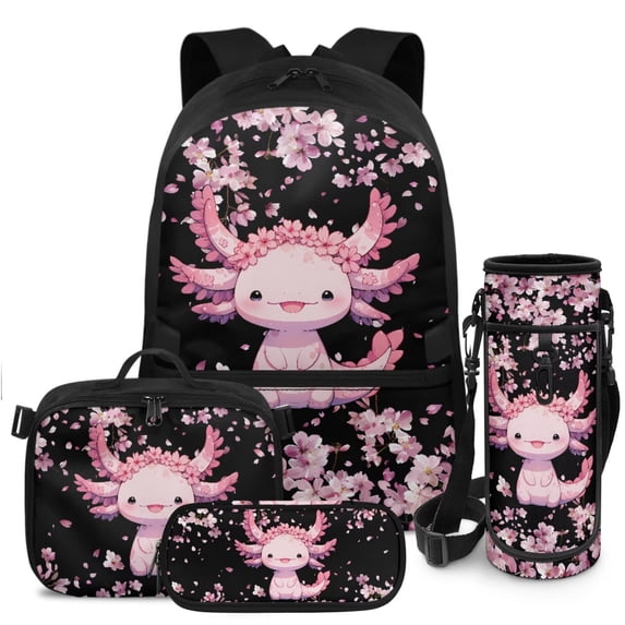 HUIACONG 4-IN-1 Kids Backpack Set Crown Axolotl for 8-12 Boys Girls Lightweight 300g School Book Bag with Detachable Insulated Lunch Box Pencil Case Water Bottle Holder