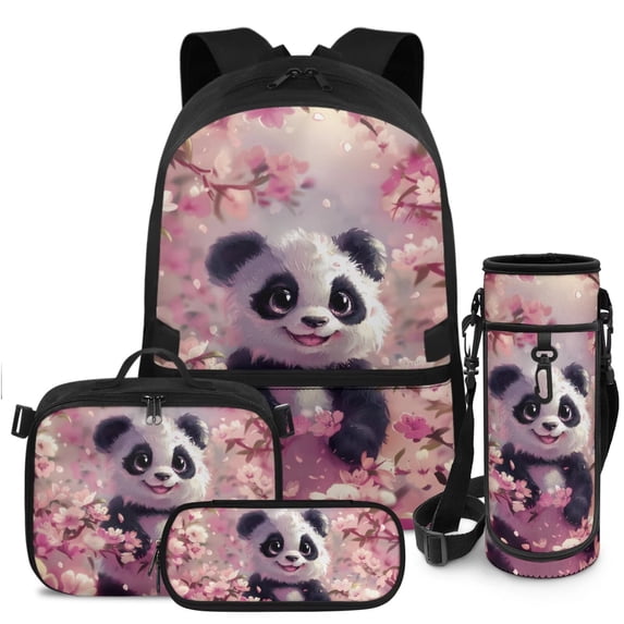 HUIACONG 4-IN-1 Kids School Backpack Set for Boys Girls Sakura Cute Panda Age 6-10 Large Capacity Bookbag with Detachable Lunch Box Pencil Case Water Bottle Holder