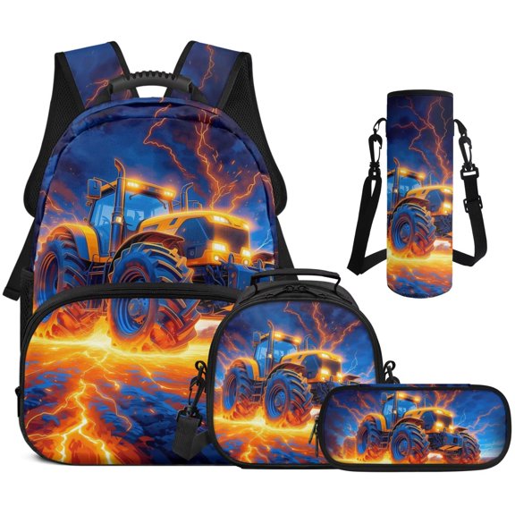 HUIACONG 4PCS 17 Inch Lava Lightning Tractor Backpack Set for Boys, Fiery Tractor School Bag with Lunch Box & Pencil Case, Rugged Bookbag for Kids Age 6-12 Elementary Middle School