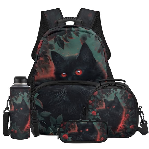 HUIACONG 4PCS 17 Inch Red Rose Black Cat Backpack Set for Girls, Lovely Cat School Bag with Lunch Box & Pencil Case, Adorable Bookbag for Kids Age 6-12 Elementary Middle School