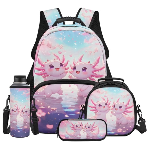 HUIACONG 4PCS 17 Inch Twin Cherry Blossom Axolotl Backpack Set for Kids, Cute Axolotl School Bag with Lunch Box & Pencil Case, Trendy Bookbag for Kids Age 6-12 Elementary Middle School