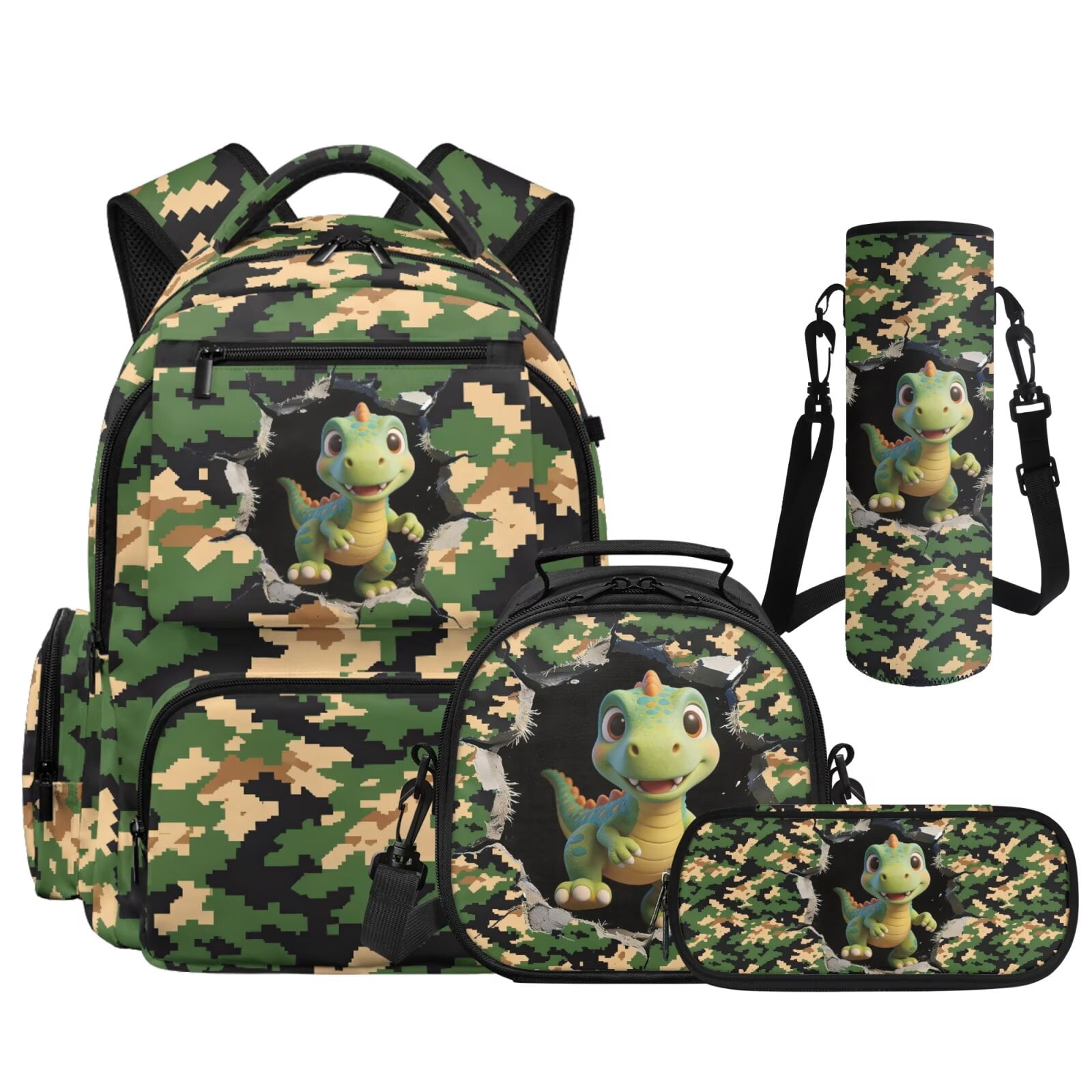 HUIACONG 4PCS Camo Cue Dino Backpack Set for Boys, 17" Lightweight School Bag with Lunch Bag Pencil Case for Age 8-13