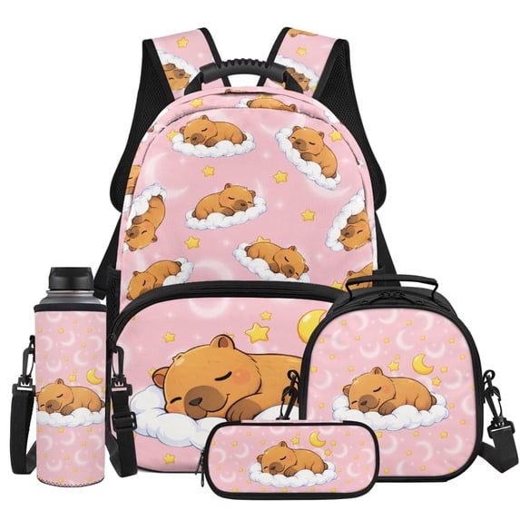 HUIACONG 4PCS Cute Capybara Kids Backpack Set Includes Bookbag, Lunch Box, Pencil Pouch, Water Bottle Sleeve 17 Inch Large Capacity Lightweight Build for Boys Girls Age 6-8