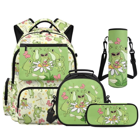 HUIACONG 4PCS Daisy Frog School Backpack for Kids, 17" Student Bookbag with Lunch Box for Children Age 8-13