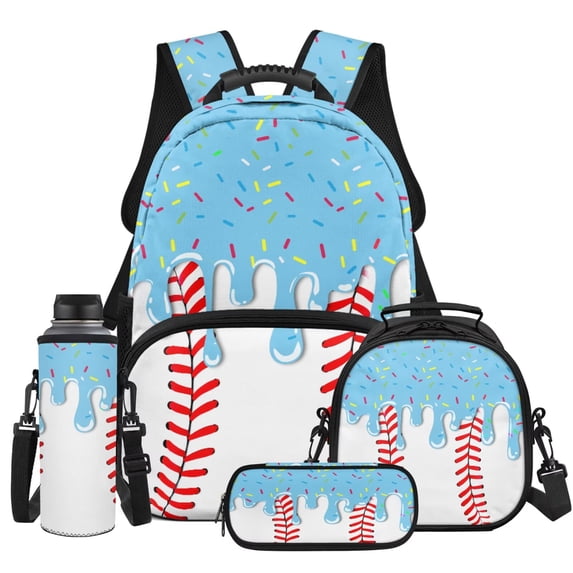 HUIACONG 4PCS Kids Backpack for Girls - Drip Baseball Donut School Backpack Set with Lunch Box,Water Resistant Roller School Backpack on Wheels for Elementary Kids Travel for Age 8-12