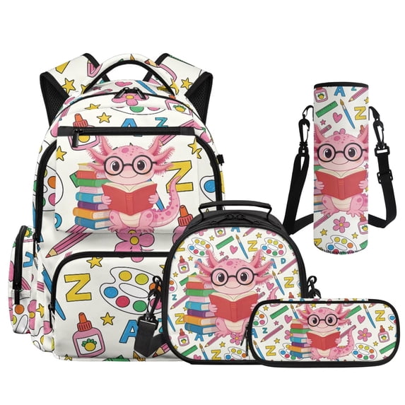HUIACONG 4PCS School Axolotl Backpack Set for Girls, 17" Lightweight School Bag with Lunch Box Pencil Case for Age 8-13