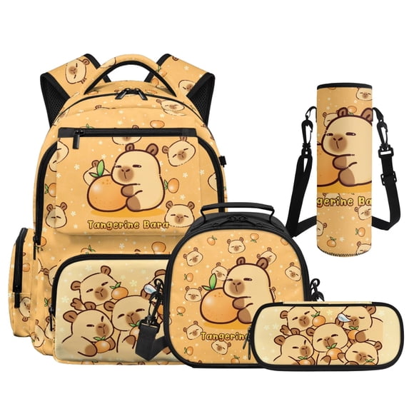 HUIACONG 4PCS Single Orange Capybara Kids School Backpack Set, 17" Bookbag with Lunch Box Pencil Case Water Bottle Sleeve for Age 8-12