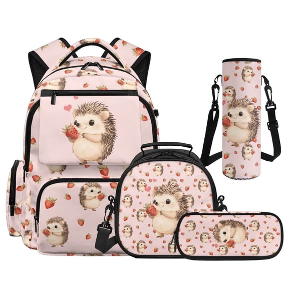 HUIACONG 4PCS Strawberry Hedgehog Elementary Backpack for Girls, 17" School Bag Set with Lunch Box for Age 7-12