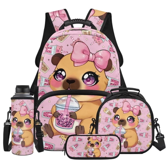 HUIACONG 4Pcs Kids School Backpack for Girls, Boba Capybara Bookbag with Water Bottle Cover, Lunch Bag Set for Girls Teens, Adorable Girl Backpacks for Schools