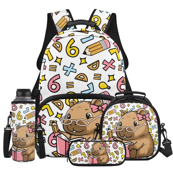 HUIACONG 4Pcs Kids School Backpack for Girls, School Capybara Bookbag with Water Bottle Cover, Lunch Bag Set for Girls Teens, Adorable Girl Backpacks for Schools