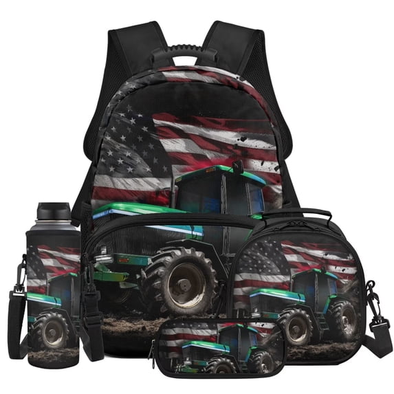 HUIACONG 4Pcs USA Flag Tractor Kids Backpack Set for Boys, Padded Strap Bookbag with Insulated Water Bottle, Water Bottle Cover and Lunch Box, Great Choice for Elementary School Boys
