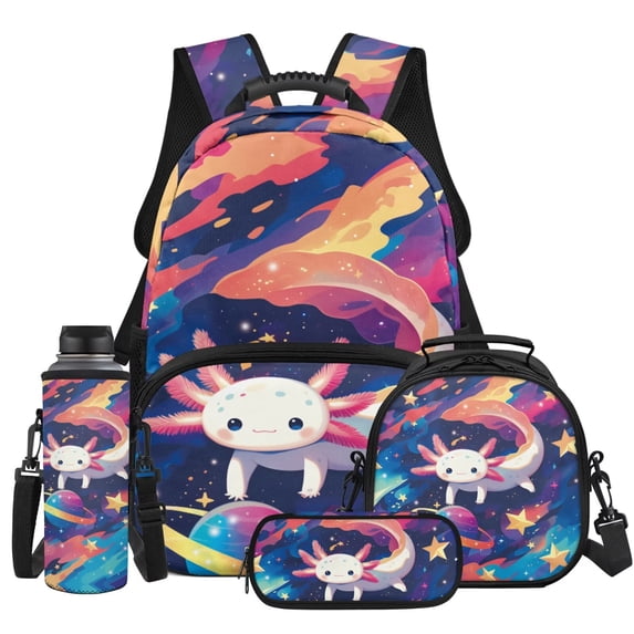 HUIACONG 4pcs Boys School Backpack Set, Galaxy Axolotl Boys Backpack with Lunch Box Set for Kids Teens, 17 Inch Cool Bookbag for Elementary Middle School, Travel Back Pack for Age 8-12