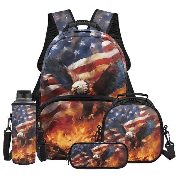 HUIACONG 4pcs Boys School Backpack Set, Patriotic Fire Eagle Boys Backpack with Lunch Box Set for Kids Teens, 17 Inch Cool Bookbag for Elementary Middle School, Travel Back Pack for Age 8-12