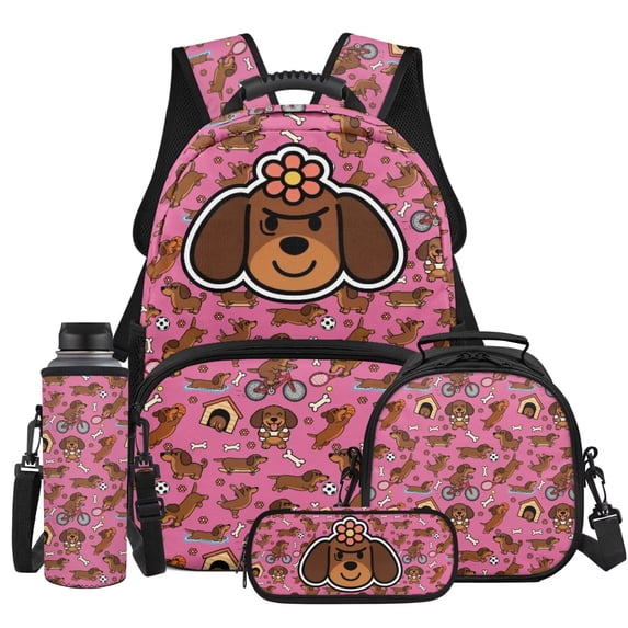HUIACONG 4pcs Flower Dachshund Backpack for Kids Boys Girls, Complete School Bag Set with Lunch Box, Pencil Case and Water Bottle Sleeve, Lightweight Satchel for Preschool and Primary Students