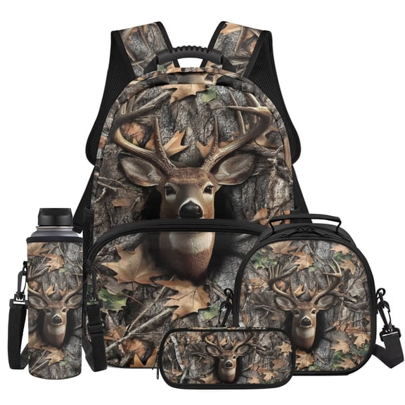 HUIACONG 4pcs Kids School Backpack Set, Camo Deer Backpack with Lunch Box Set for Boys Teens, 17 Inch Nature Hunting Bookbag for Elementary Middle School, Travel Back Pack for Age 8-12