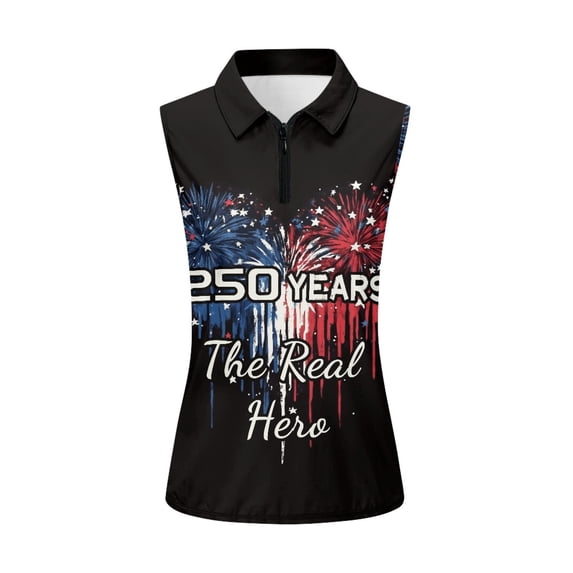 HUIACONG 4th Of July Firework Print Womens Golf Shirt, Sleeveless Sleeveless Golf Shirts Skin Friendly Trendy Tennis Shirts Stretchy