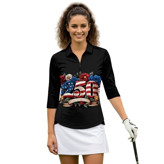 HUIACONG 4th of July Women's Golf Top with Floral 250 Print, Breathable Tennis Tops for Sports Workout and Casual Outdoor Activity