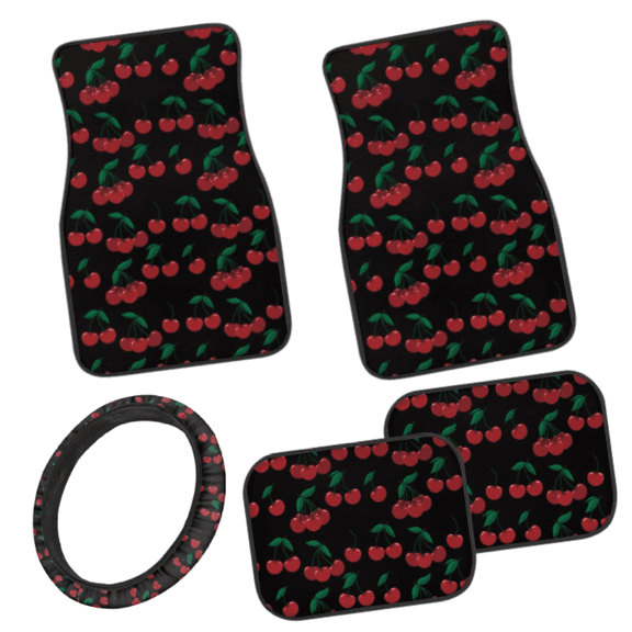 HUIACONG 5 Piece Car Interior Accessory Set - Steering Wheel Cover, Front Floor Mats, Rear Floor Mat - Red Cherry Print for All-Season Auto Decor