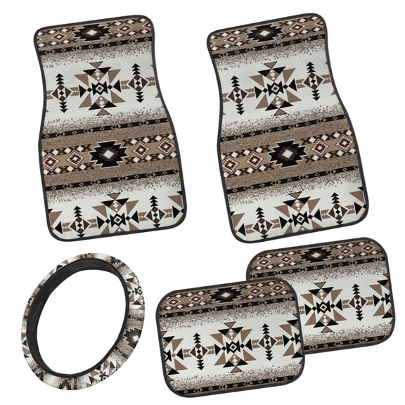 HUIACONG 5 Piece Southwestern Car Interior Set - Includes Steering Wheel Cover, Front & Rear Floor Mats - Anti Slip Durable for SUV Sedan Trucks