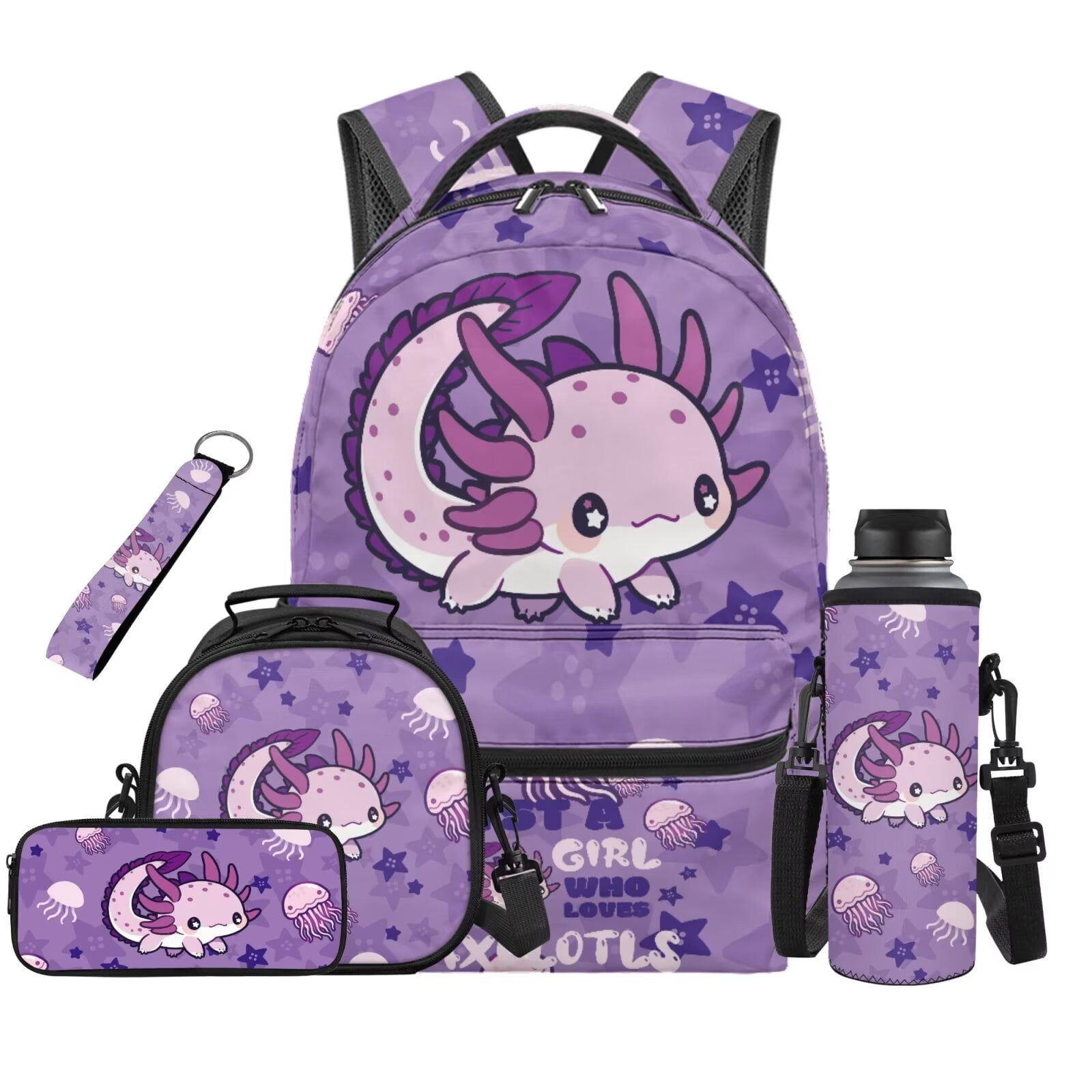 HUIACONG 5Pcs Cute Purple Axolotl Kids Backpack Set, 17 Inch ...
