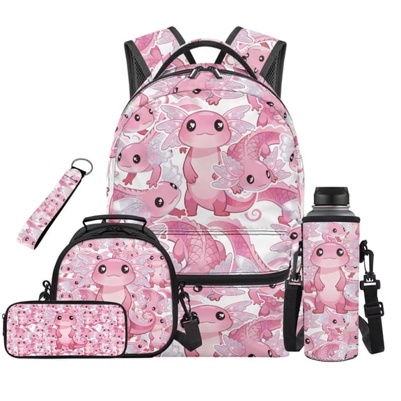 HUIACONG 5Pcs Cute Winged Axolotl Kids Backpack Set, 17 Inch Lightweight School Backpack with Lunch Bag, Pencil Case, Water Bottle Sleeve, Keychain