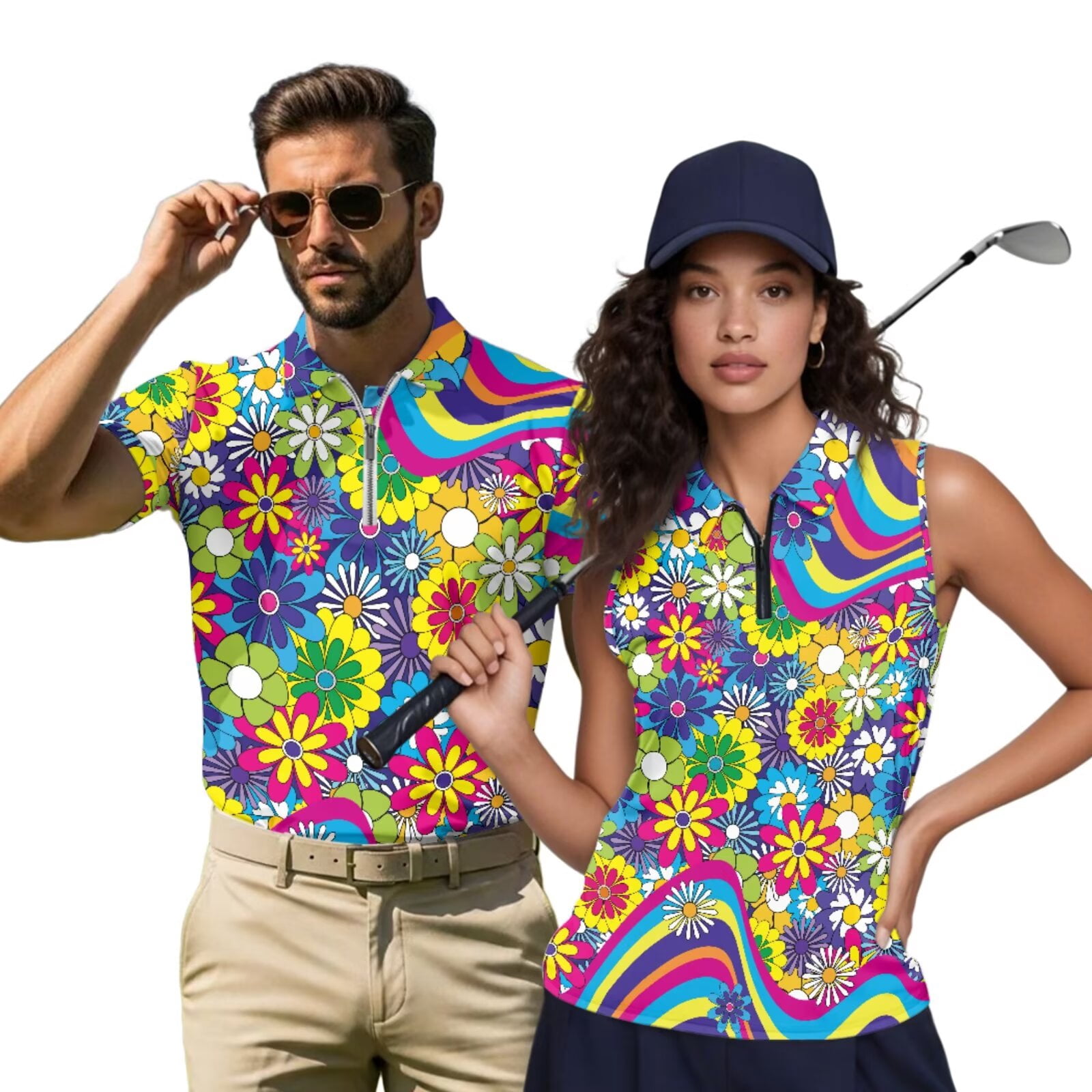 HUIACONG 70s Groovy Matching Golf Shirts for Couples Sleeveless