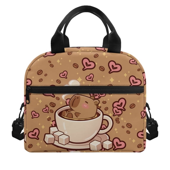 HUIACONG Aluminum Film Wear Resistant Fabric Lunch Bag for Travel Hiking, Lightweight Lunch Tote, Capybara Coffee Pattern