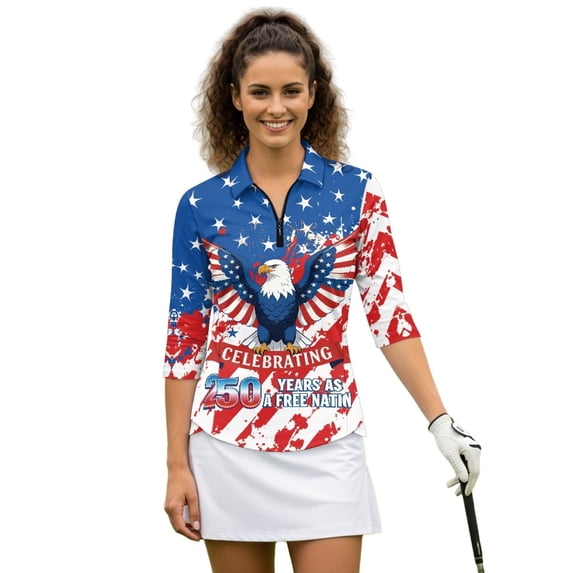 HUIACONG American Bald Eagle Pattern Ladies Golf Top 3/4 Sleeve, Quarter Zip Fashion Womens 3/4 Sleeve Golf Shirts Breathable Women's Tennis Polo for Golf