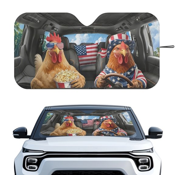 HUIACONG American Flag Chicken Easy Storage Automotive Window Shades for Most Windshields Small Sedans UV Reflective Foldable Car Windshield Sun Shade