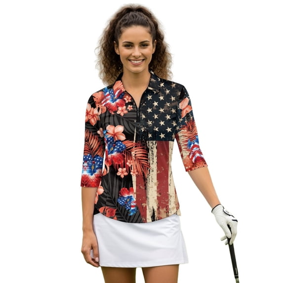 HUIACONG American Flag Floral Women's Golf Polo Shirt for Workout Tennis Sports, Soft 3/4 Sleeve Athletic Golf Top in Polyester Spandex Blend for Outdoor Trips