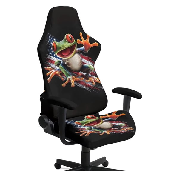 HUIACONG American Flag Frog Game Chair Seat Covers Washable Office Desk Chair Cover with 2 Pieces Armrest Covers Fashion Backrest and Armrest Protector Slipcovers