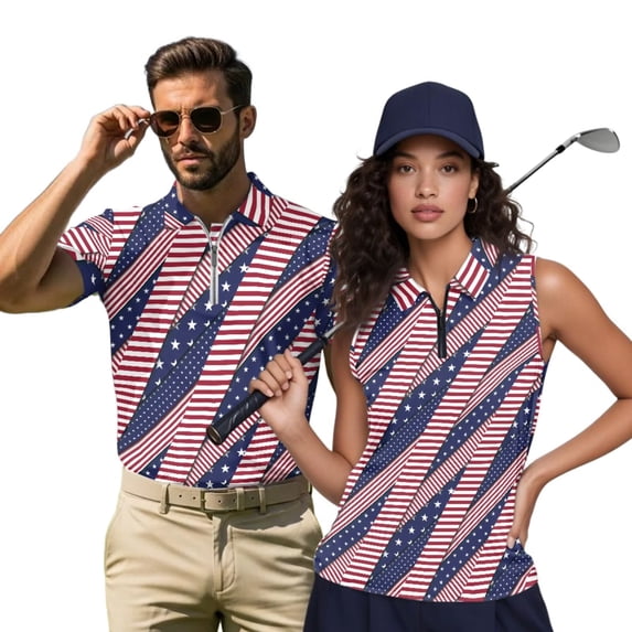HUIACONG American Flag Golf Shirt for Men Short Sleeve Womens Sleeveless Golf Shirts Lightweight 1/4 Zip Sleeveless Tennis Tops for Women Collared Quick Dry Outdoor Outfits Woman M