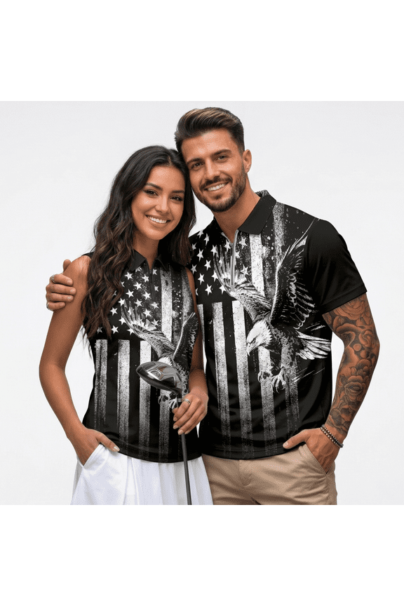 American Flag Golf Shirts for Men Matching Couples Shirts Bald Eagle Funny Short Sleeve Collared Quarter Zip Quick Dry Activewear Sportswear Man M