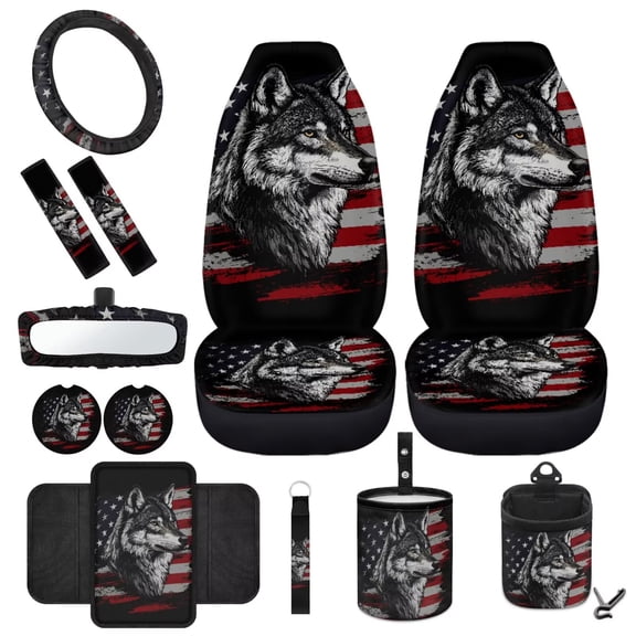 HUIACONG American Flag Wolf Vehicle Interior Accessories Elastic Automotive Seat Covers Anti-Slip Steering Wheel Protector Car Garbage Can Storage Box Rearview Mirror Cover Universal Fit 12 Pack