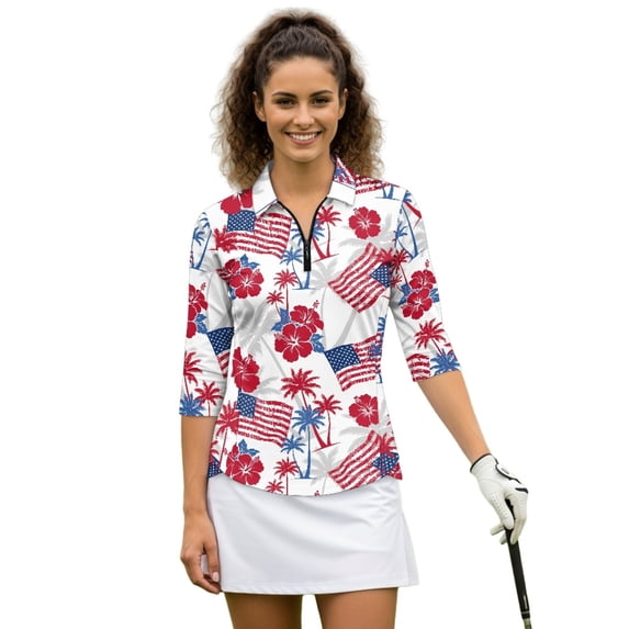 HUIACONG American Flag Women 3/4 Long Sleeve Golf Polo Shirts with Polyester Spandex Fabric, Breathable Pullover for Golf, Tennis, Workout and Daily Activities